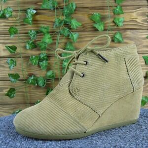 Toms Women 6.5 Tan Corduroy Suede Lace Up‎ Wedge Booties Casual Comfort Shoes